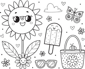Cute Summer Doodles Kawaii Style - Smiling Sun, Popsicle, Butterfly, Beach Fun Coloring Page