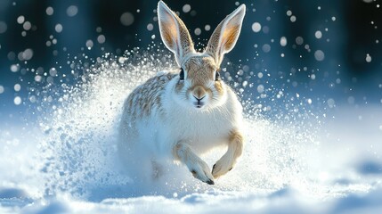 A white hare runs rapidly through the snow with energy