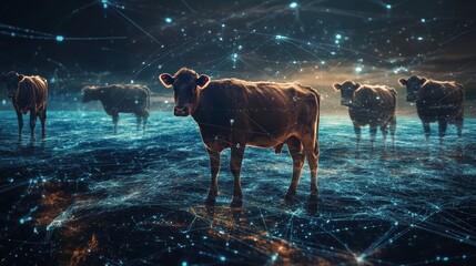 A surreal scene featuring cows standing in a digitally enhanced landscape, merging nature with technology through vibrant lights and connections.