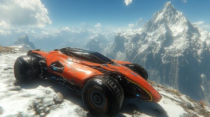 An orange futuristic car is positioned on a snowy mountain ridge