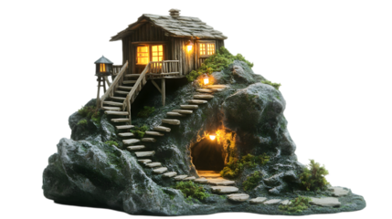 Enchanted wooden cabin on rocky hill with stone steps illuminated at night