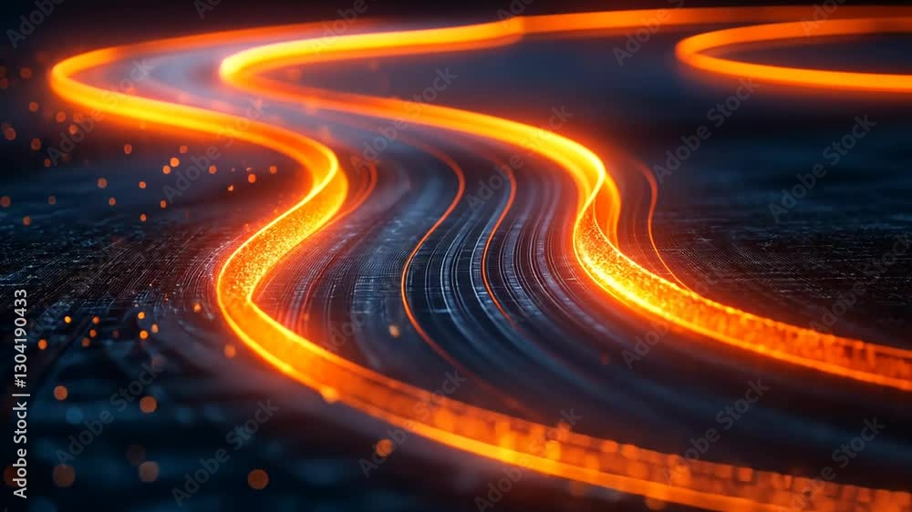Poster dynamic orange data streams flowing across a dark digital network landscape