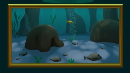 Underwater Scene in a Golden Frame Cartoon Style Illustration of Ocean Life