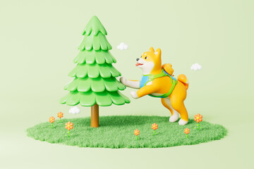 3d rendering cartoon pet dog and tree