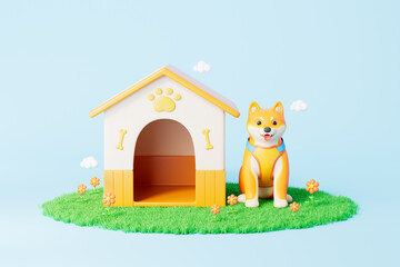 3d rendering pet dog and dog house