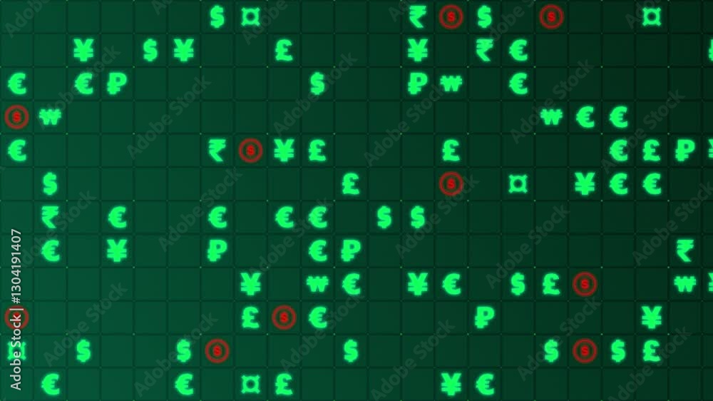 Poster green and orange glowing currency symbols matrix on a grid. animated texture, horizontal composition