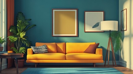 Bright and inviting living room with a yellow sofa and plants