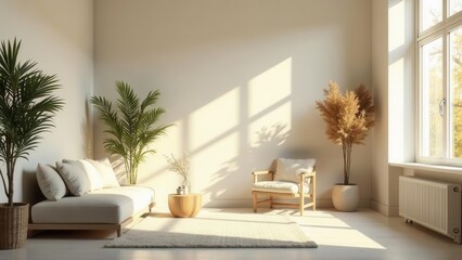 Fototapeta premium Serene Sunlight Illuminates a Minimalist Living Space Featuring a Light-Colored Sofa, a Wooden Armchair, and Lush Potted Plants, Creating a Tranquil and Inviting Atmosphere