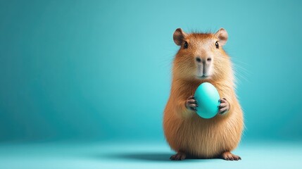 Capybara holding blue egg against turquoise background - adorable conceptual photography. Easter, Pascha, Paskha, Ostern, Pascua, Paques - Orthodox and Catholic Holiday celebration