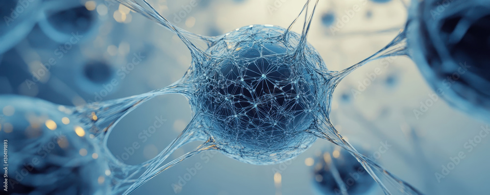 Poster organizational change concept, dynamic sphere representing interconnected neurons in digital environ