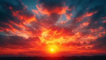 Fiery sunset glows above horizon line