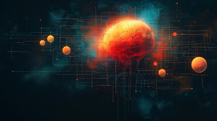 Obraz premium Abstract circuitry with thought bubbles and maze lines exploring generative AI's influence on critical thinking.