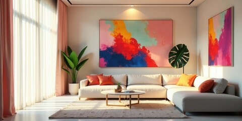 Modern Living Room Interior Design with Abstract Wall Art and Sunlight Streaming Through Sheer Curtains
