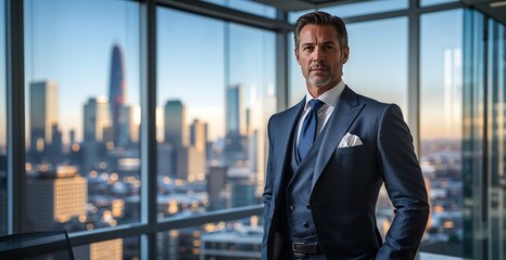 Fototapeta premium Businessman standing in modern office wearing elegant blue suit and tie