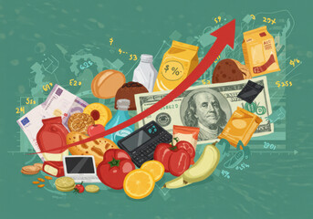 Conceptual illustration showing the impact of inflation on food prices and global economy.