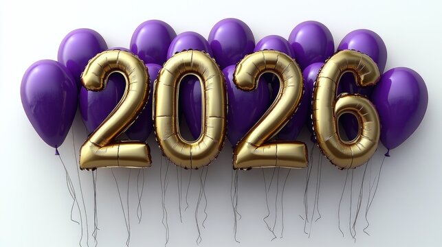 Celebratory 2026 gold balloons surrounded by purple balloons for new year event. Happy New Year 2026