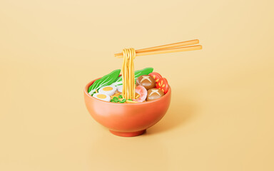 3d rendering noodles and ramen in yellow background