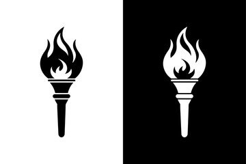 Stylized Fire Torch Icon Elegant Black and White Silhouette Design.