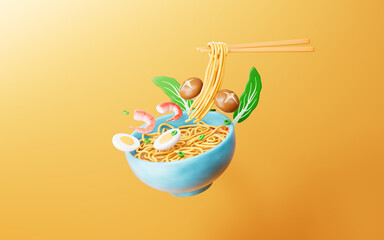 3d rendering noodles and ramen in yellow background