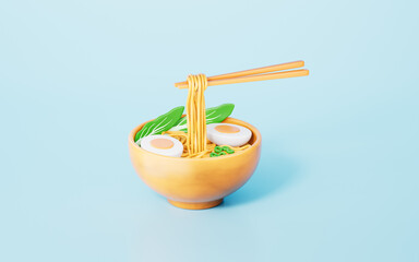 3d rendering noodles and ramen in blue background