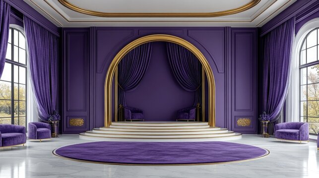 Luxurious purple and gold interior design with elegant stage and curtains