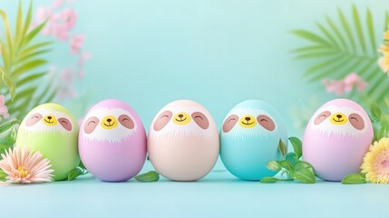 Colorful sloth-themed easter eggs with smiling faces in spring setting. Easter, Pascha, Paskha, Ostern, Pascua, Paques - Orthodox and Catholic Holiday celebration