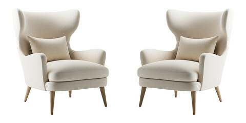 Pair of Elegant Modern Wingback Chairs with Beige Upholstery and Wooden Legs, isolated with transparent background