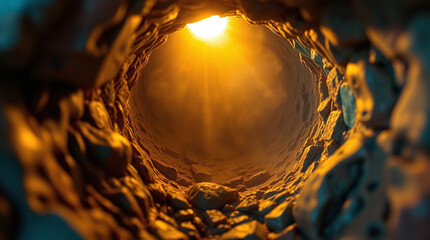 Sculptural clay art extreme macro close-up of a mysterious underground drainage tunnel, illuminated by a shaft of golden sunlight. Vibrant complementary colors, abstract patterns, modeled shapes.