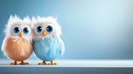 Fototapeta premium Adorable fluffy toy owls with big blue eyes on soft blue background. Easter, Pascha, Paskha, Ostern, Pascua, Paques - Orthodox and Catholic Holiday celebration