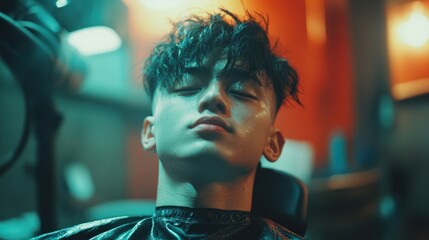 Fototapeta premium Young man relaxing in barbershop chair during haircut session