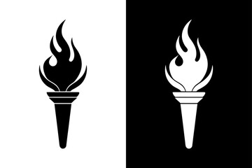 Burning Torch Vector Icon Clean Silhouette on Black and White Background.