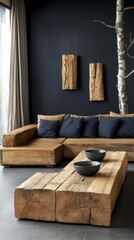 Rustic Wooden Living Room Furniture with Dark Accent Walls