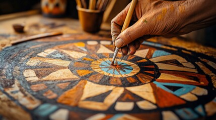 Artist paints intricate tribal design on wood panel in studio