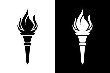 Burning Torch Vector Icon Clean Silhouette on Black and White Background.