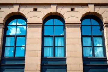 Obraz premium Beige Building Facade with Arch Windows and Blue Sky Reflections