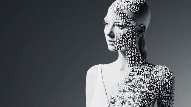 Fashion model posing with futuristic makeup and numbers on skin