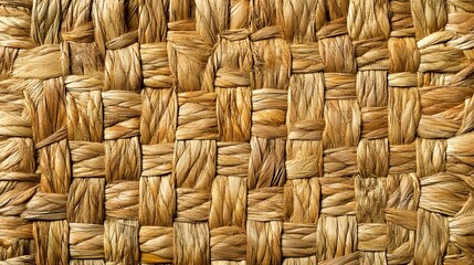 Fototapeta premium A rustic woven straw mat pattern with natural beige and golden tones, rich in texture