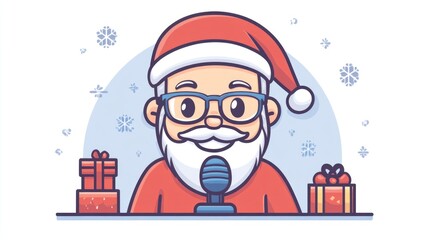 Santa claus podcast cartoon with gifts and snowflakes. Merry Christmas, Nativity, Xmas, Noel, Navidad - Global Winter Holiday, Christian Religious Celebration. Happy New Year