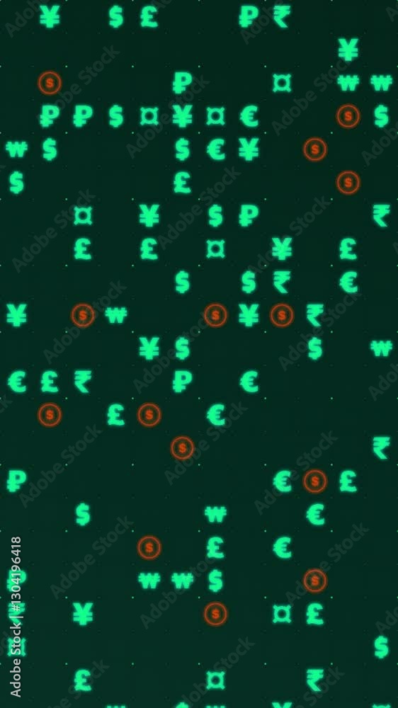 Poster green and orange glowing currency symbols matrix on a grid. animated texture, vertical composition. 
