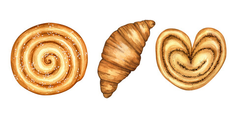 Watercolor illustration: sweet pastry buns with sugar and cinnamon and croissant. Hand drawn set of isolated objects on white. Element for design menu café, coffee house, bakery, flyer, interior decor