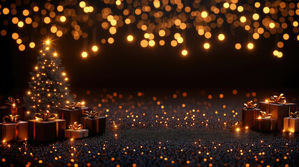 Obraz premium Sparkling christmas tree and presents under glowing golden lights. Merry Christmas, Nativity, Xmas, Noel, Navidad - Global Winter Holiday, Christian Religious Celebration. Happy New Year