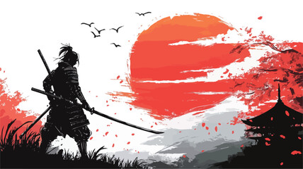 Digital painting or illustration depicting a samurai in silhouette, standing with a katana, against a large red sun setting behind a stylized landscape suggesting a Japanese setting.  The