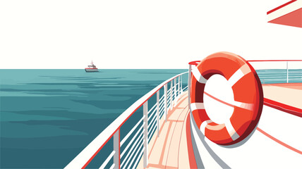 A stylized illustration depicting a section of a cruise ship's deck. The viewpoint is from the deck looking out to the ocean.  A life preserver is visible, hanging on the railing. The ocean
