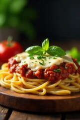 Fototapeta premium Aromatic spaghetti with rich tomato sauce, melted cheese, and fresh basil garnish, served on a rustic wooden board