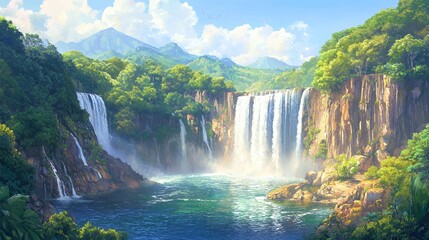 Fototapeta premium Lush Tropical Waterfall Landscape with Cascading Water and Sunlight