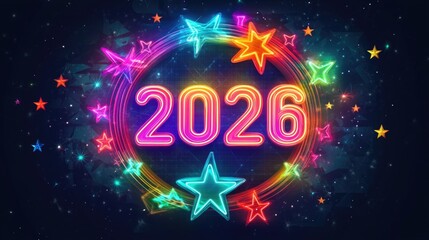 Colorful neon 2026 celebration with vibrant stars and sparkling lights. Happy New Year 2026