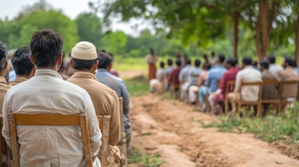 Public defenders providing legal education in an outdoor rural community meeting, India.