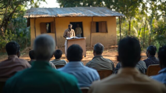 Public defenders providing legal education in an outdoor rural community meeting, India.