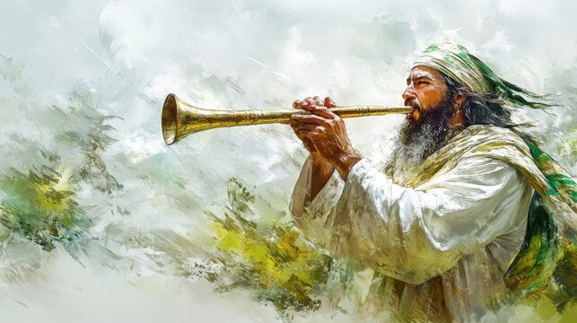 Elderly middle eastern man playing trumpet in traditional attire