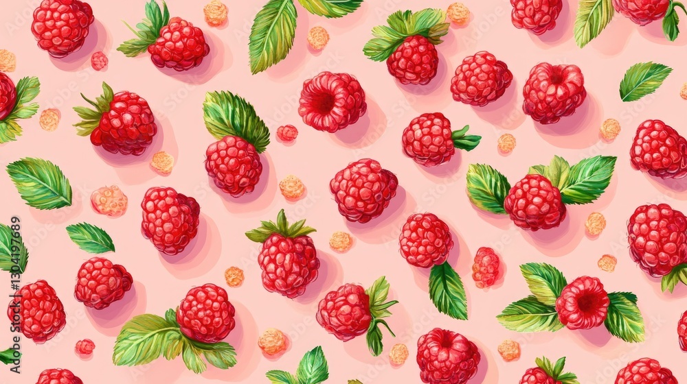 Poster bright and fresh raspberry pattern with vibrant green leaves on soft pink background